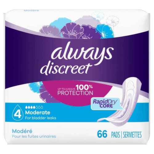 Always Discreet Incontinence Pads, Moderate Absorbency, Regular, 66 CT