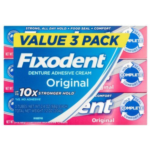 Fixodent Original Denture Adhesive Cream Value Pack, 2.4 oz, 3 count