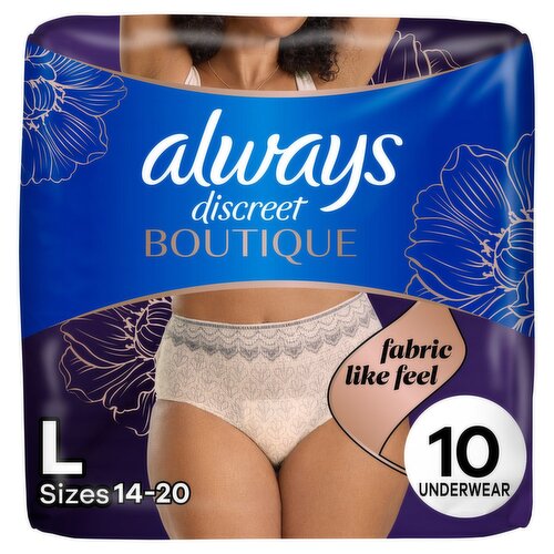 Always Discreet Boutique Maximum Underwear, L, Sizes 14-20, 10 count