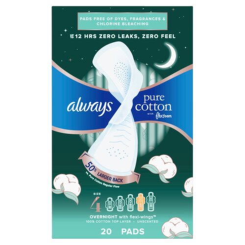 Always Pure Cotton with FlexFoam Pads, Size 4, Overnight, with Wings, Unscented, 20 CT