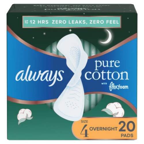 Always Pure Cotton Overnight with Flexi-wings Unscented Pads, Size 4, 20 count