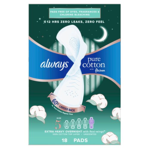 Always Pure Cotton with FlexFoam Pads, Size 5, Extra Heavy Overnight, with Wings, Unscented, 18 CT