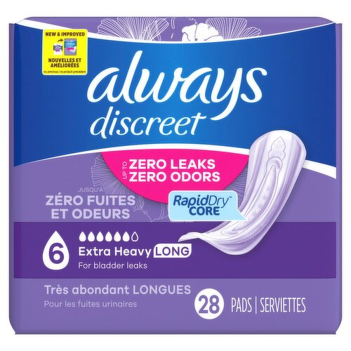 always Discreet 6 Extra Heavy Long for Bladder Leaks Pads, 28 count