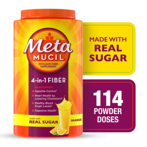 Metamucil Psyllium Fiber Powder, Real Sugar, Orange, GLP-1 Friendly Fiber 114Tbsp
