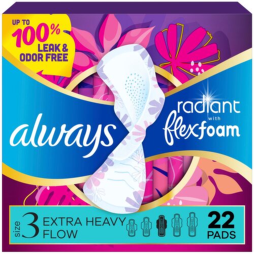 Always Radiant with FlexFoam Pads, Size 3, Extra Heavy, with Wings, Light Clean Scent, 22 CT