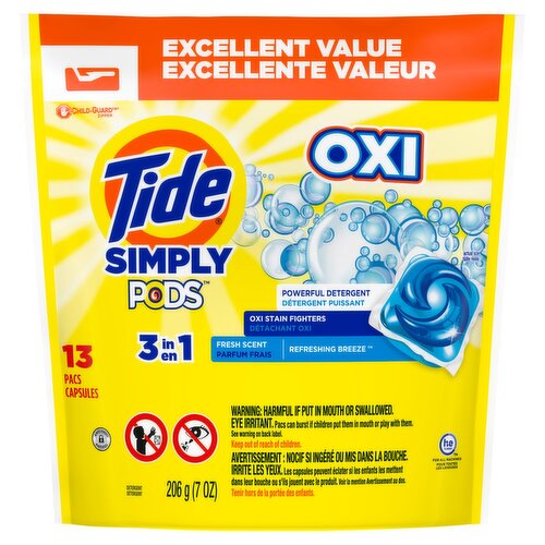 Tide Simply Pods Fresh Scent Oxi 3 in 1 Powerful Detergent Excellent Value, 13 count, 7 oz