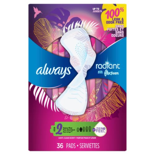 Always Radiant with FlexFoam Pads for Women, Size 2, Heavy Pad with Wings, Scented, 36 Count
