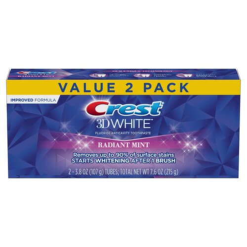 Crest 3D White Radiant Mint, Teeth Whitening Toothpaste, 3.8 oz, Pack of 2