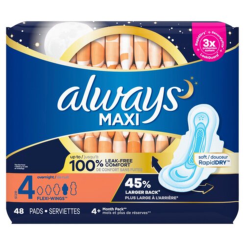 Always Maxi Overnight Pads with Wings for Women, Size 4, Overnight Absorbency, Unscented, 48 Count