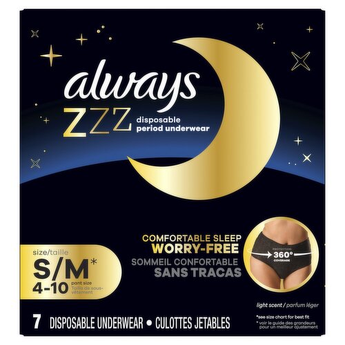 Always ZZZ Light Scent Disposable Period Underwear, Size S/M, 360° coverage, 7 count