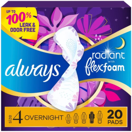 Always Radiant with FlexFoam Pads, Size 4, Overnight, with Wings, Light Clean Scent, 20 CT