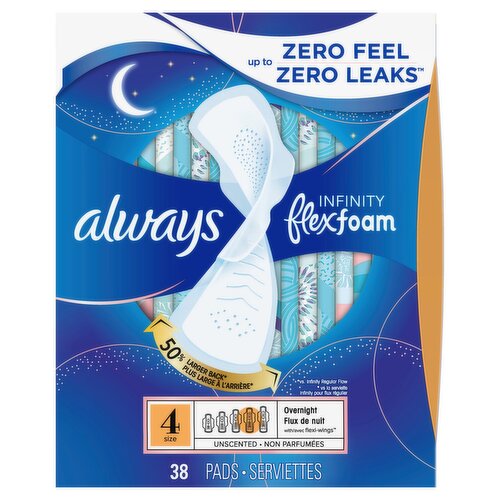 Always Infinity with FlexFoam Pads, Size 4, Overnight, with Wings, Unscented, 38 CT