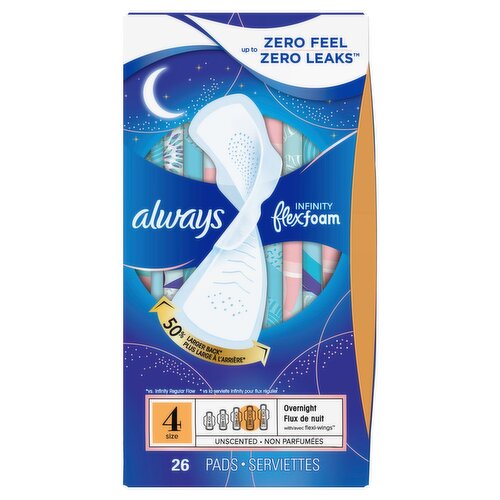 always Infinity Flexfoam Overnight with Flexi-Wings Unscented Pads, Size 4, 26 count