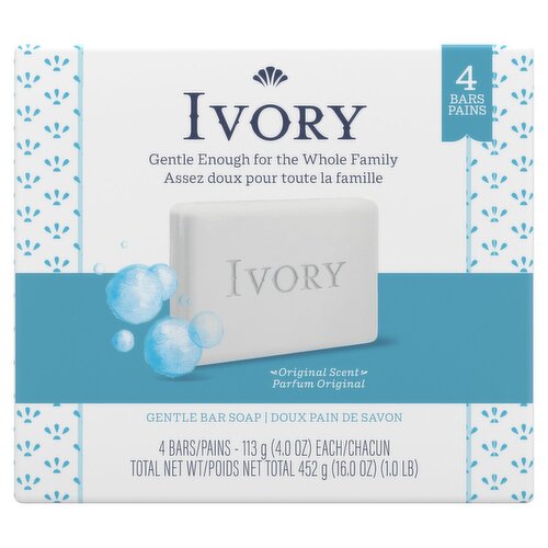 Ivory Original Scent Gentle Bar Soap, 4 oz, 4 count