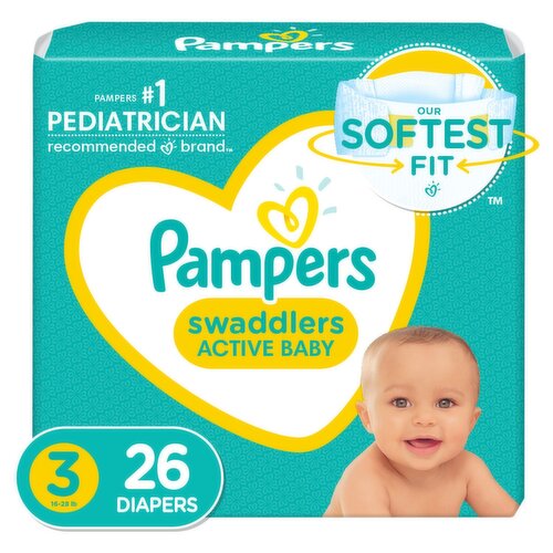 Pampers Swaddlers Active Baby Diapers Jumbo Pack, Size 3, 16-28 lb, 26 count