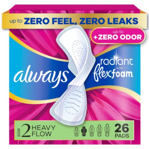 Always Radiant with FlexFoam Pads for Women, Size 2, Heavy Pad with Wings, Scented, 26 Count