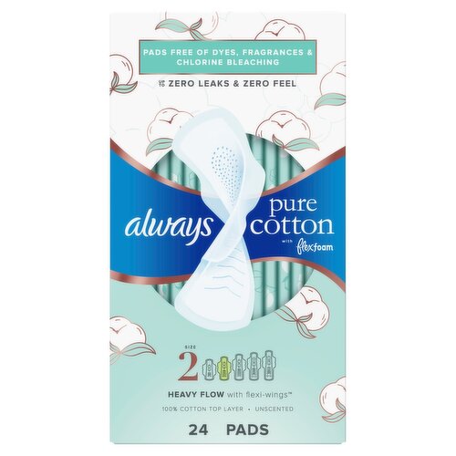 always Pure Cotton with Flexfoam Unscented Pads, Size 2, 24 count