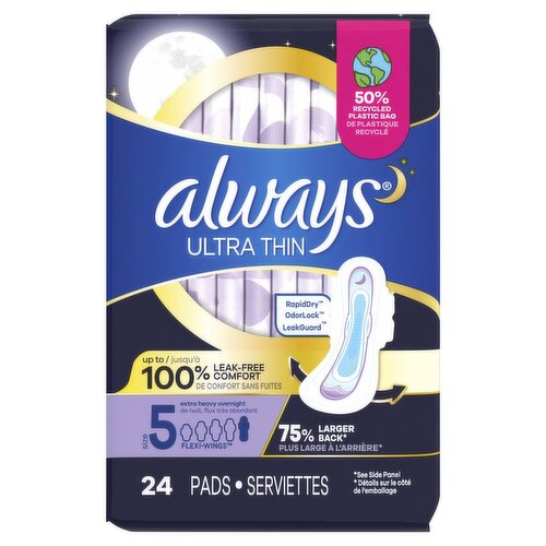 Always Ultra Thin Extra Heavy Overnight Flexi-Wings Pads, Size 5, 24 count