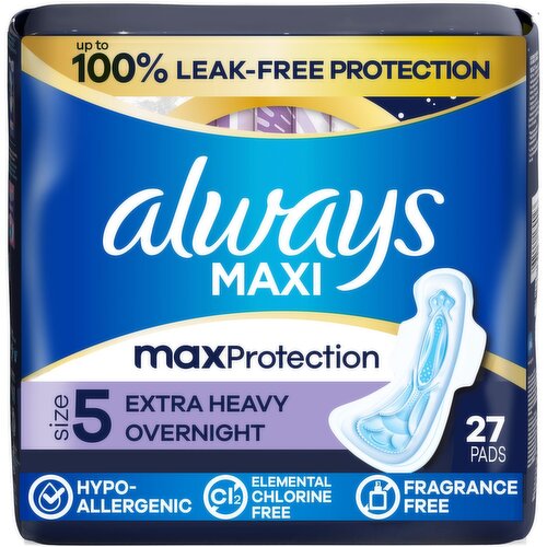 Always Maxi Pads for Women, Extra Heavy Overnight Pad with Wings, Size 5, Unscented, 27 Count