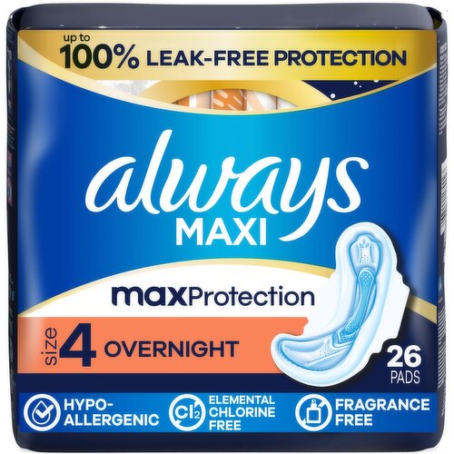 Always Maxi Pads for Women, Overnight Pad with Wings, Size 4, Unscented, 26 Count
