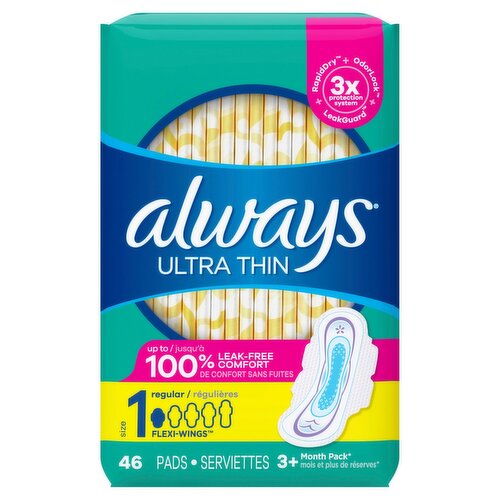 always Ultra Thin Regular with Flexi-Wings Pads Jumbo Pack, Size 1, 46 count 