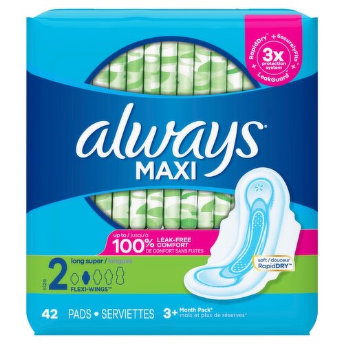 Always Maxi Feminine Pads with Wings for Women, Size 2, Long Super Absorbency, Unscented 42 Count
