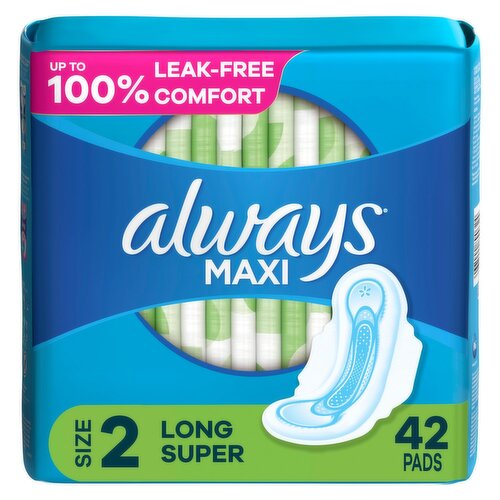 Always Maxi Daytime Pads with Wings, Size 2, Super, Unscented, 42 Count