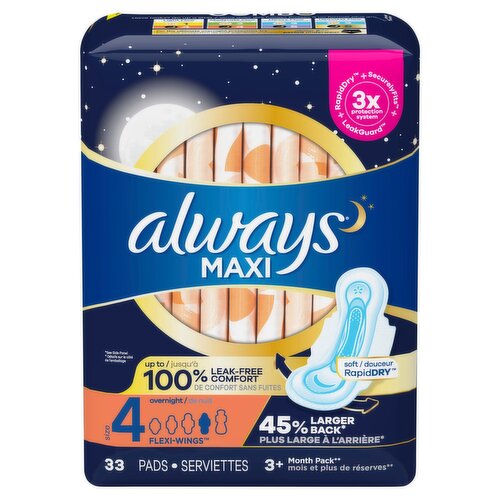 Always Maxi Overnight Pads with Wings for Women, Size 4, Overnight Absorbency, Unscented, 33 Count