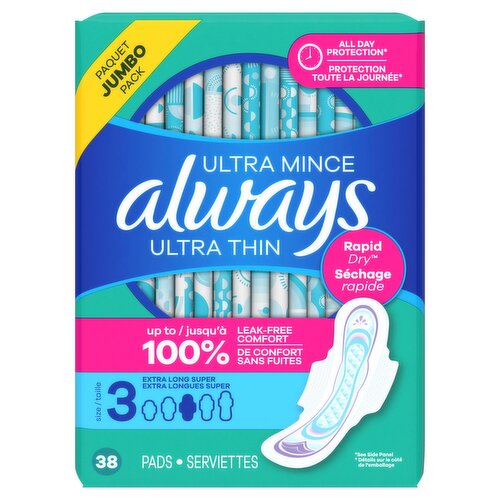 Always Ultra Thin Pads with Wings, Size 3, Extra Long Super, 38 CT