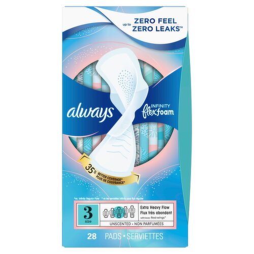 always Infinity Flexfoam Extra Heavy Flow with Flexi-Wings Unscented Pads, Size 3, 28 count