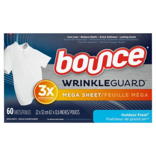 Bounce WrinkleGuard Outdoor Fresh Mega Dryer Sheets, 60 count