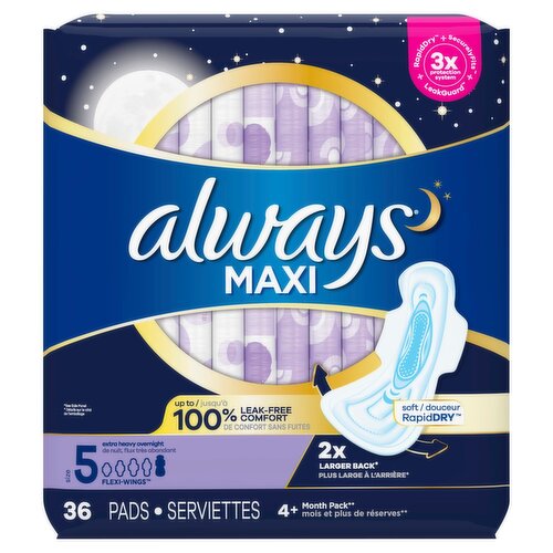 Always Maxi Overnight Pads with Wings for Women, Size 5, Extra Heavy Overnight Absorbency, Unscente