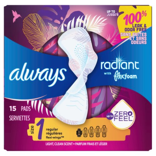 always Radiant Light Clean Scent Regular with Flexfoam Pads, Size 1, 15 count