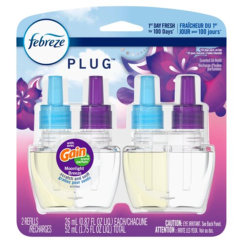 Febreze Plug Moonlight Breeze with Gain Scent Scented Oil Refill, 0.87 fl oz, 2 count