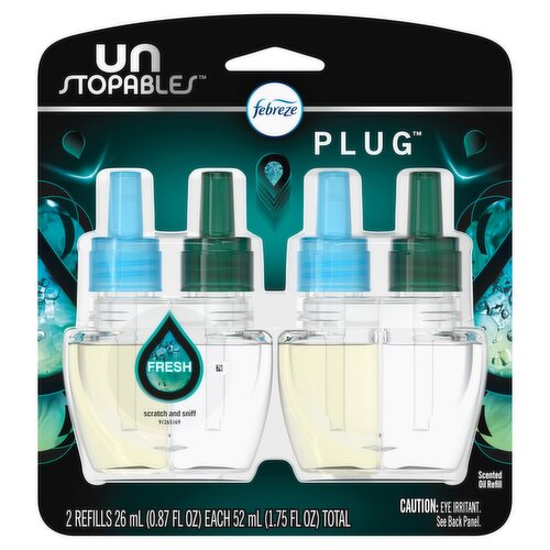 Febreze Unstopables Odor-Eliminating PLUG Air Freshener, Fresh, (2) .87 fl. oz. Oil Refill