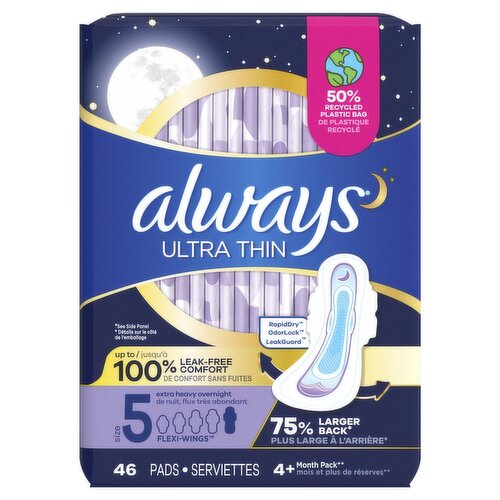 Always Ultra Thin Extra Heavy Overnight Flexi-Wings Pads, Size 5, 46 count