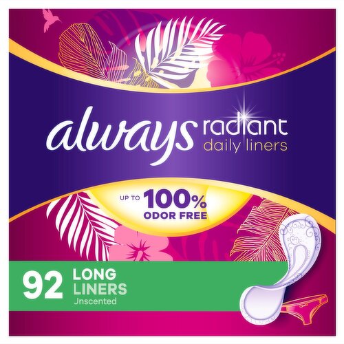 Always Radiant Daily Liners Long Absorbency, Up to 100% Odor-free, 92 Count