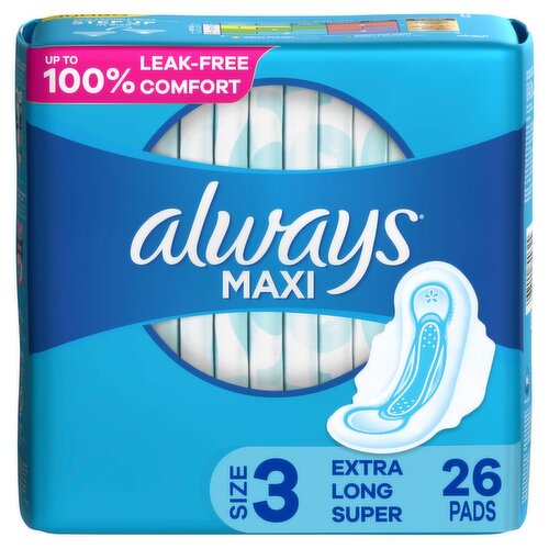 Always Maxi Feminine Pads with Wings for Women, Size 3, Extra Long Super Absorbency, Unscented 26 C