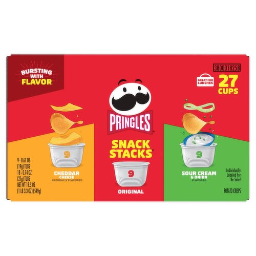 Pringles Snack Stacks Cheddar Cheese, Original, Sour Cream & Onion Potato Crisps, 27 count, 19.3 oz