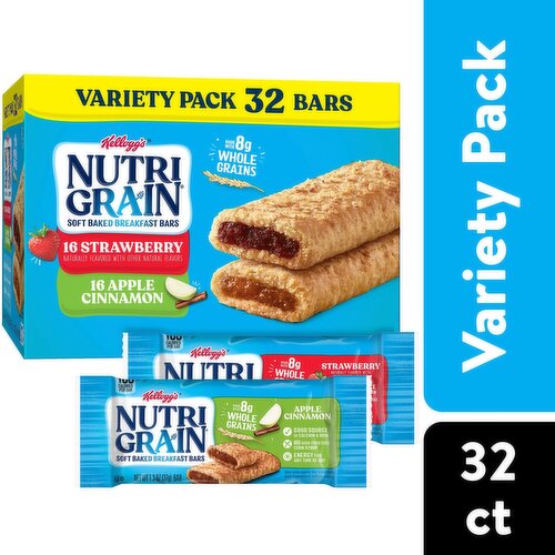 Kellogg's Nutri-Grain Soft Baked Breakfast Bars Variety Pack, 1.3 oz, 32 count