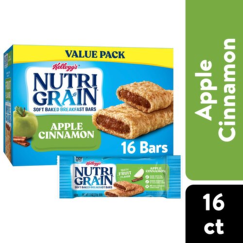 Kellogg's Nutri-Grain Apple Cinnamon Soft Baked Breakfast Bars Value Pack, 1.3 oz, 16 count