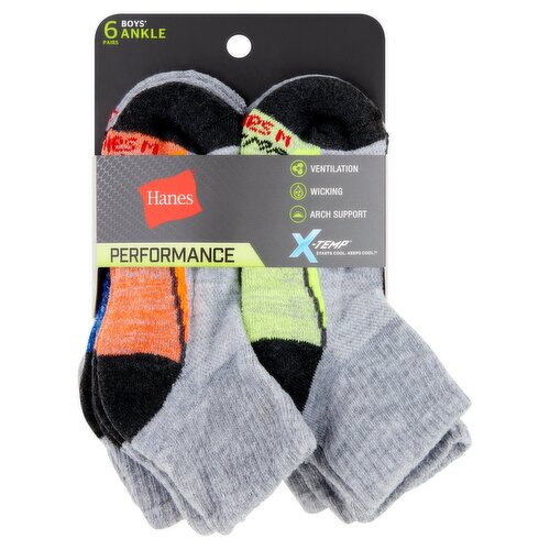 Hanes X-Temp Performance Boys' Ankle Socks, Medium, Shoe Size 9-2.5, 6 pairs