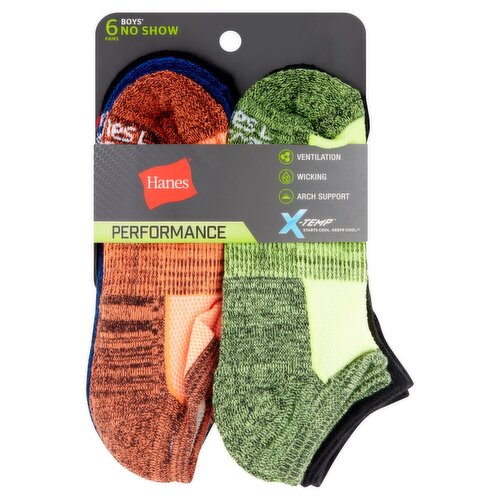 Hanes X-Temp Performance Boys' No Show Socks, Large, Shoe Size 3-9, 6 pairs
