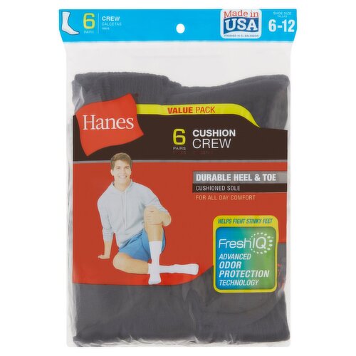 Hanes Cushion Crew Socks Value Pack, 6-12, 6 pair