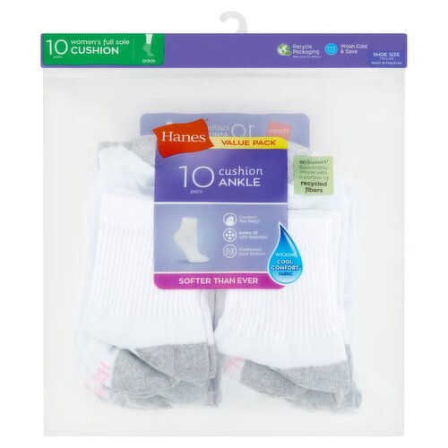 Hanes Women's Full Sole Cushion Ankle Socks Value Pack, Shoe Size 5-9, 10 pair