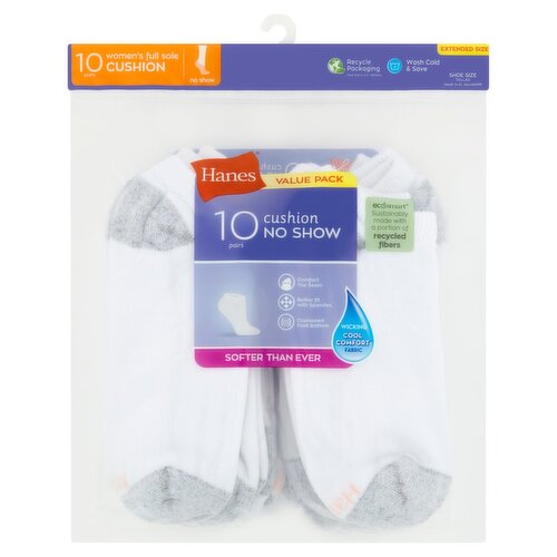 Hanes Women's Full Sole Cushion No Show Socks Value Pack, Shoe Size 8-12, 10 pair