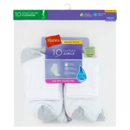 Hanes Women's Full Sole Cushion Ankle Socks Value Pack, Shoe Size 8-12, 10 pair