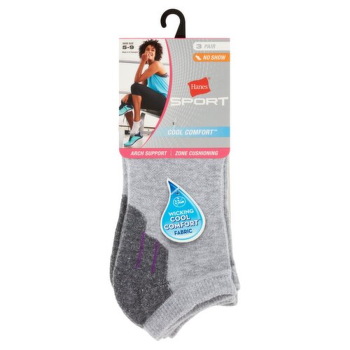 Hanes Cool Comfort Sport Grey No Show Socks, Size 5-9, 3 pair