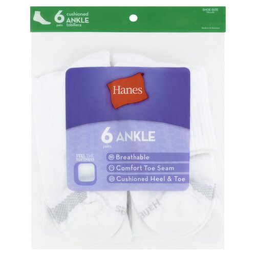 Hanes Cushioned Ankle Socks, Extended Shoe Size 8-12, 6 pairs