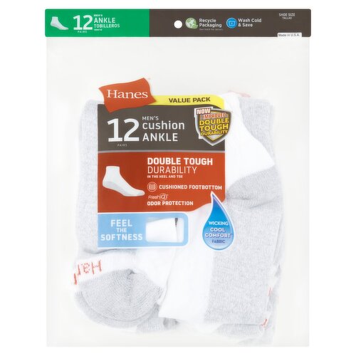 Hanes Men's Cushion Ankle Value Pack, Shoe Size 6-12, 12 pair